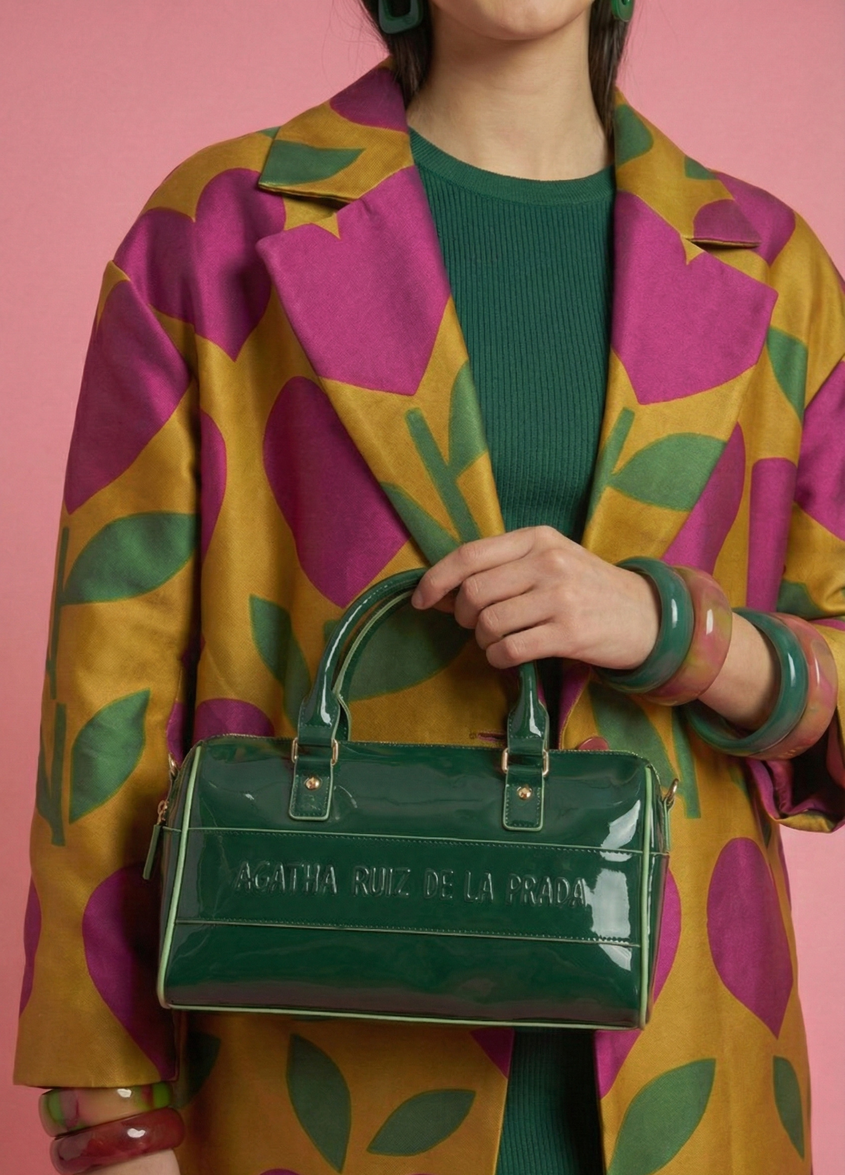 Bolso bowling elegante de tamaño mediano para mujer Bolso bowling verde oscuro con logo grabado en relieve