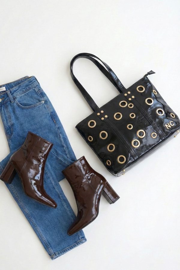 Bolso shopper grande con logo NC dorado chocolate