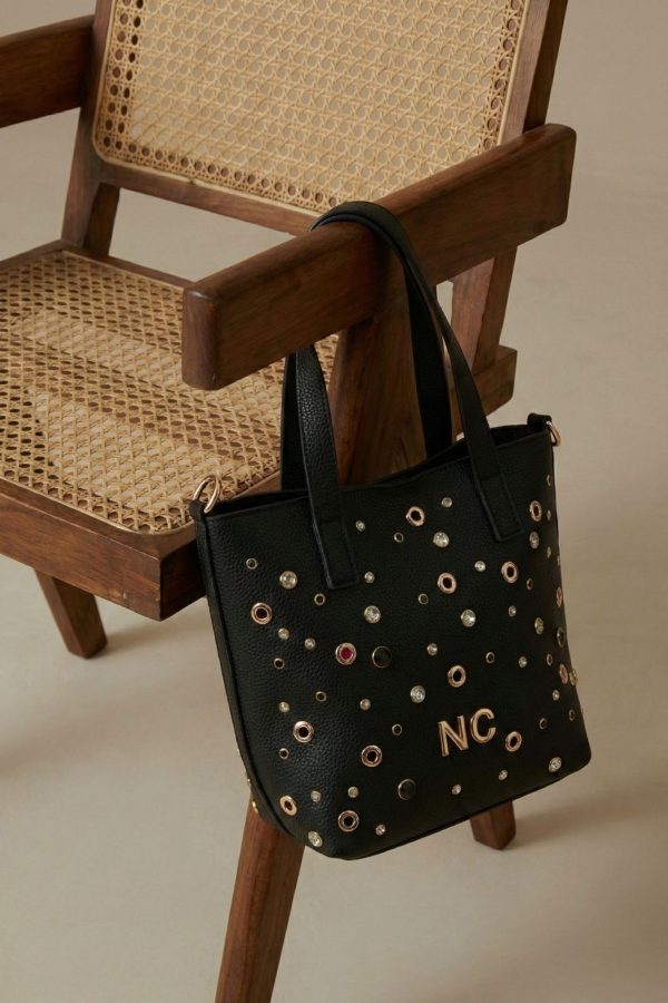 Bolso mini tote negro con cristales y strass