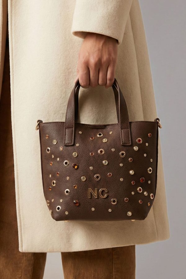 Mini tote de mujer con pedrería frontal chocolate