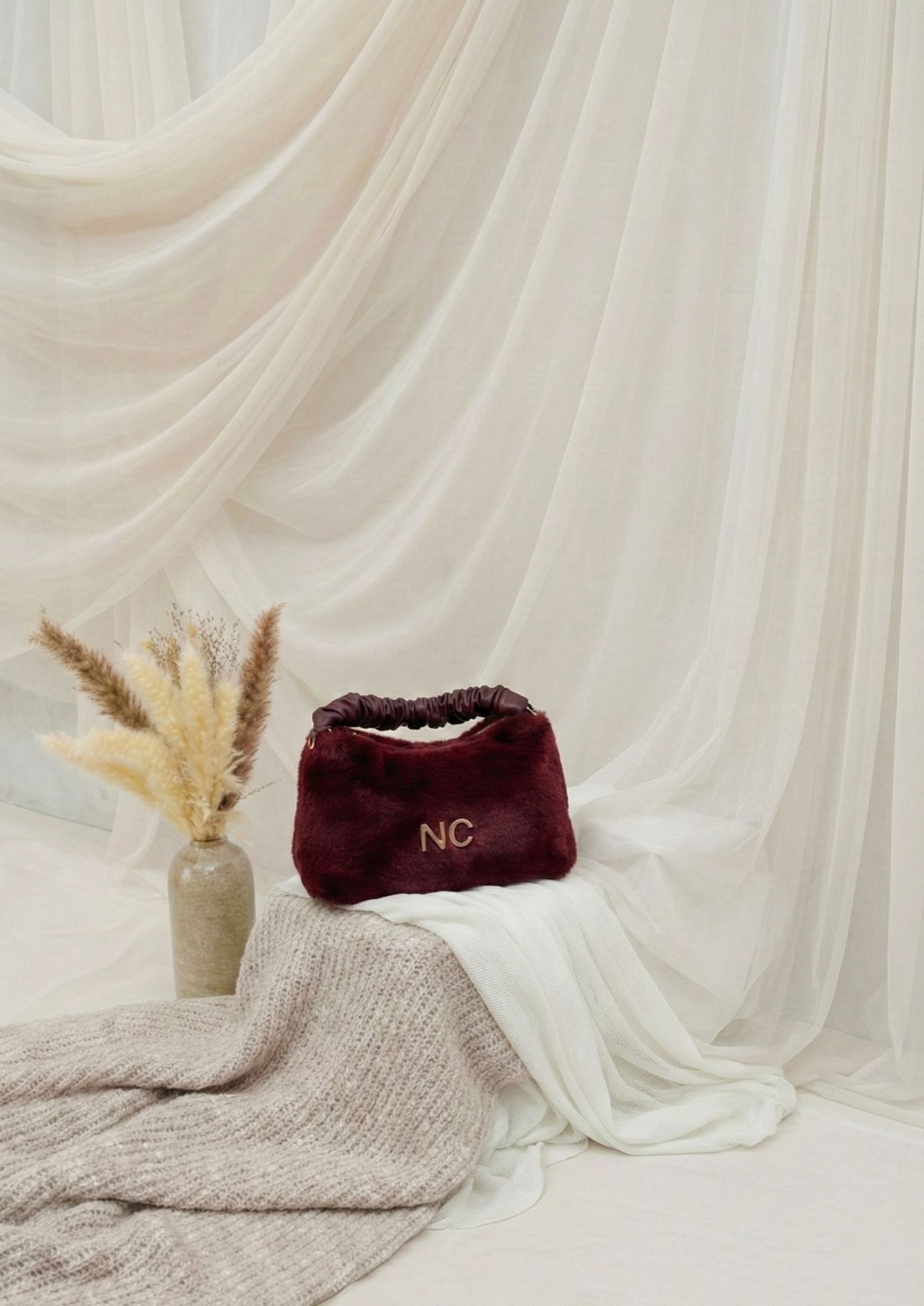 Bolso baguette de pelo para mujer Bolso suave y elegante para otoño invierno de color granate