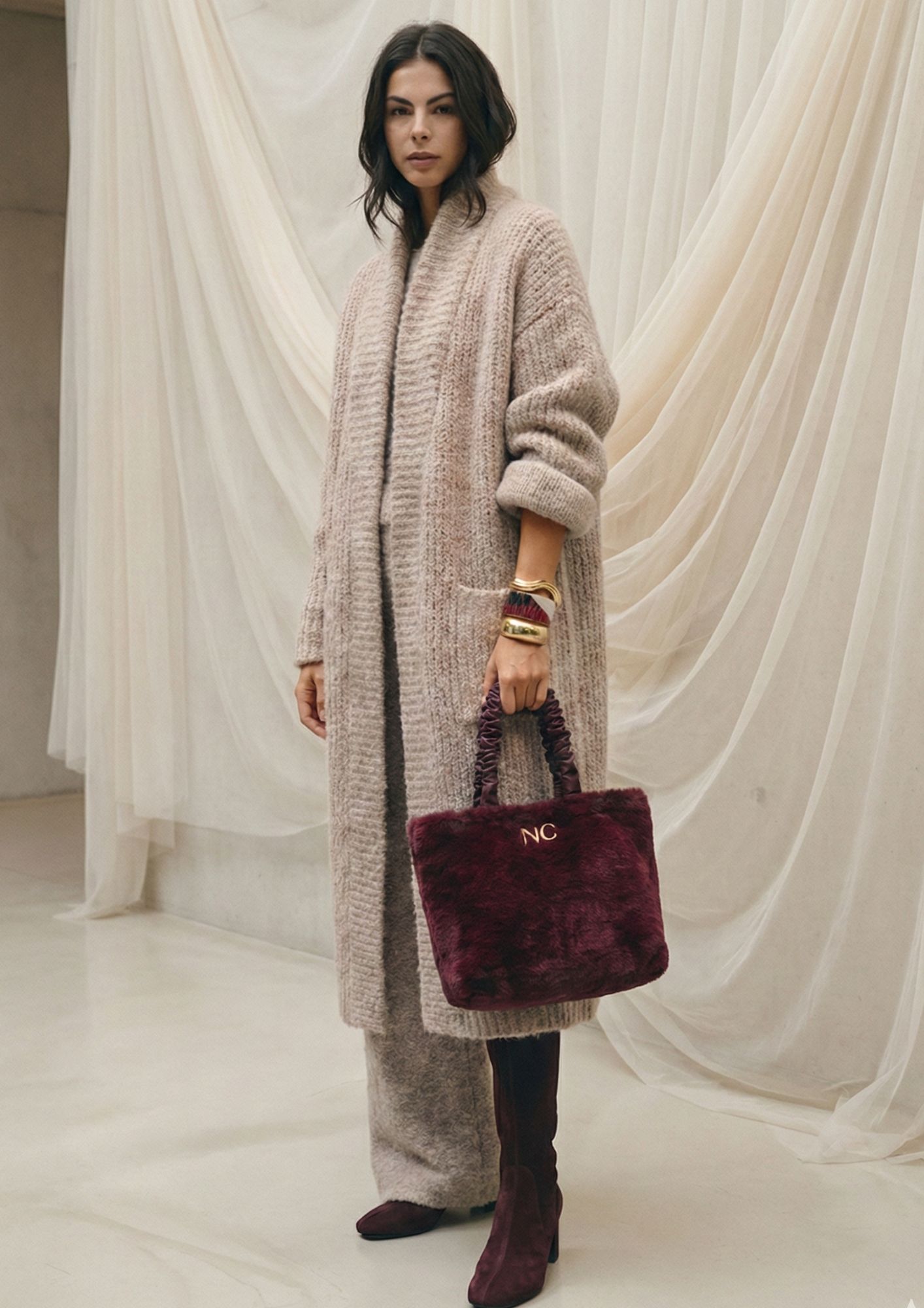 Bolso tote de pelo para mujer granate Bolso tote con correa bandolera cruzada