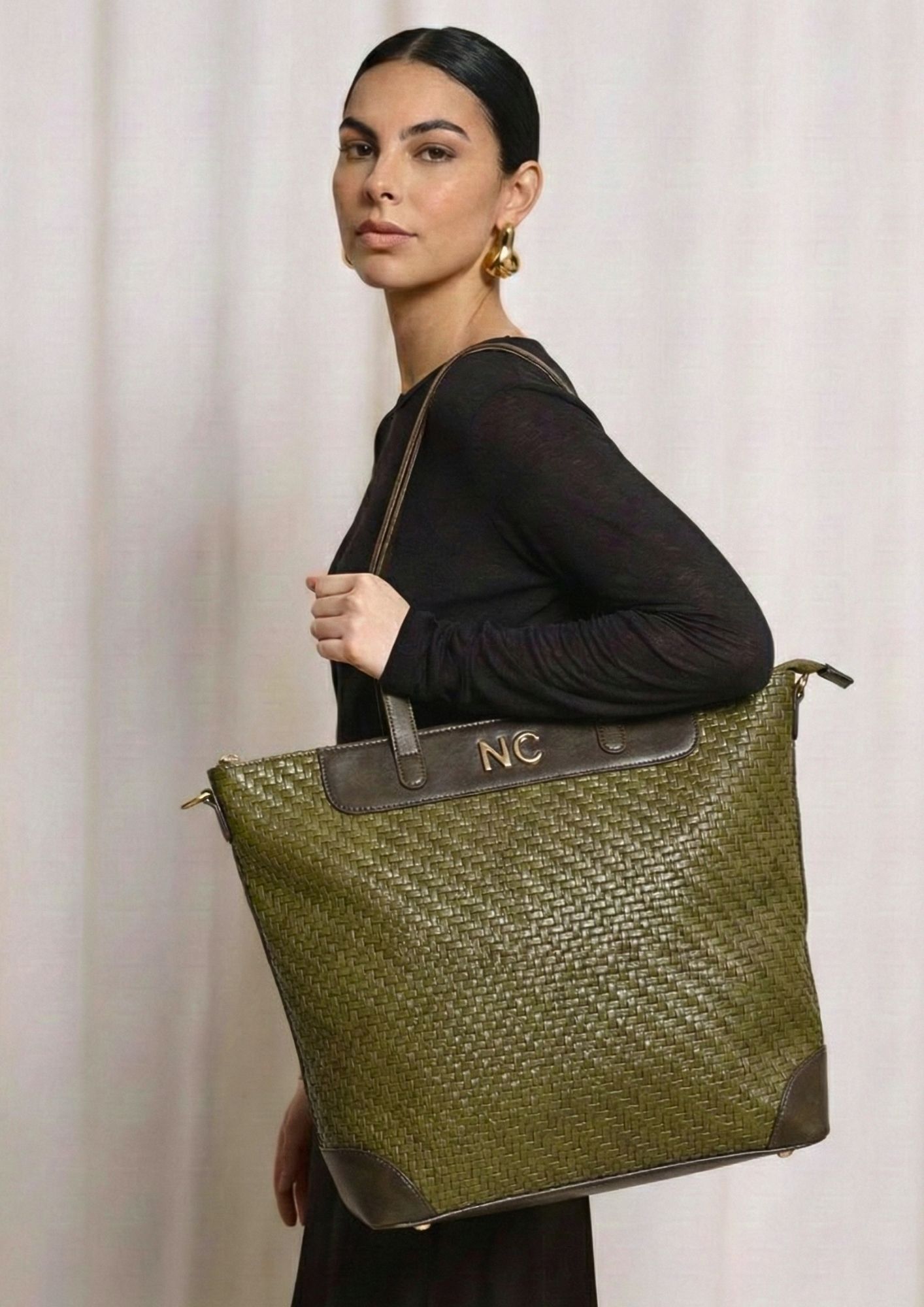 Tote amplio efecto trenzado NOCO verde Bolso tote vertical trenzado para mujer