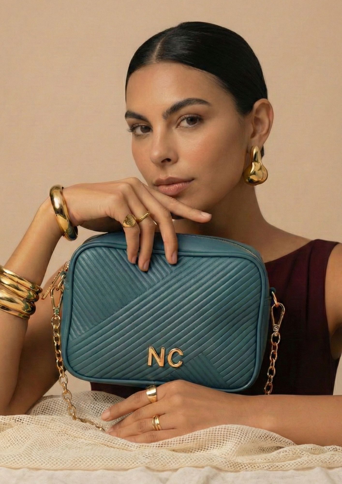 Bandolera efecto plisado mujer NOCO Bolso rectangular con cadena dorada azul