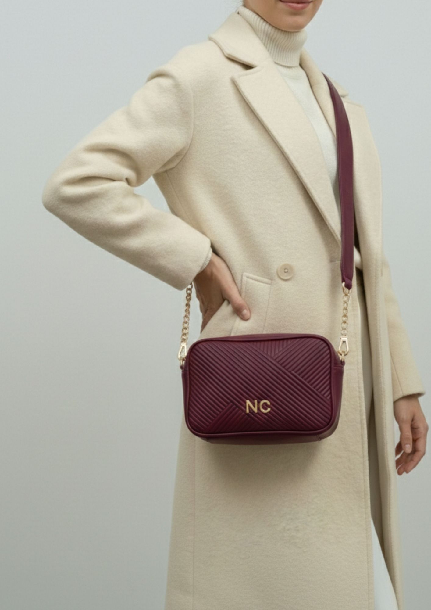 Bolso rectangular con cadena dorada NOCO Bolso elegante piel sintética grabada granate