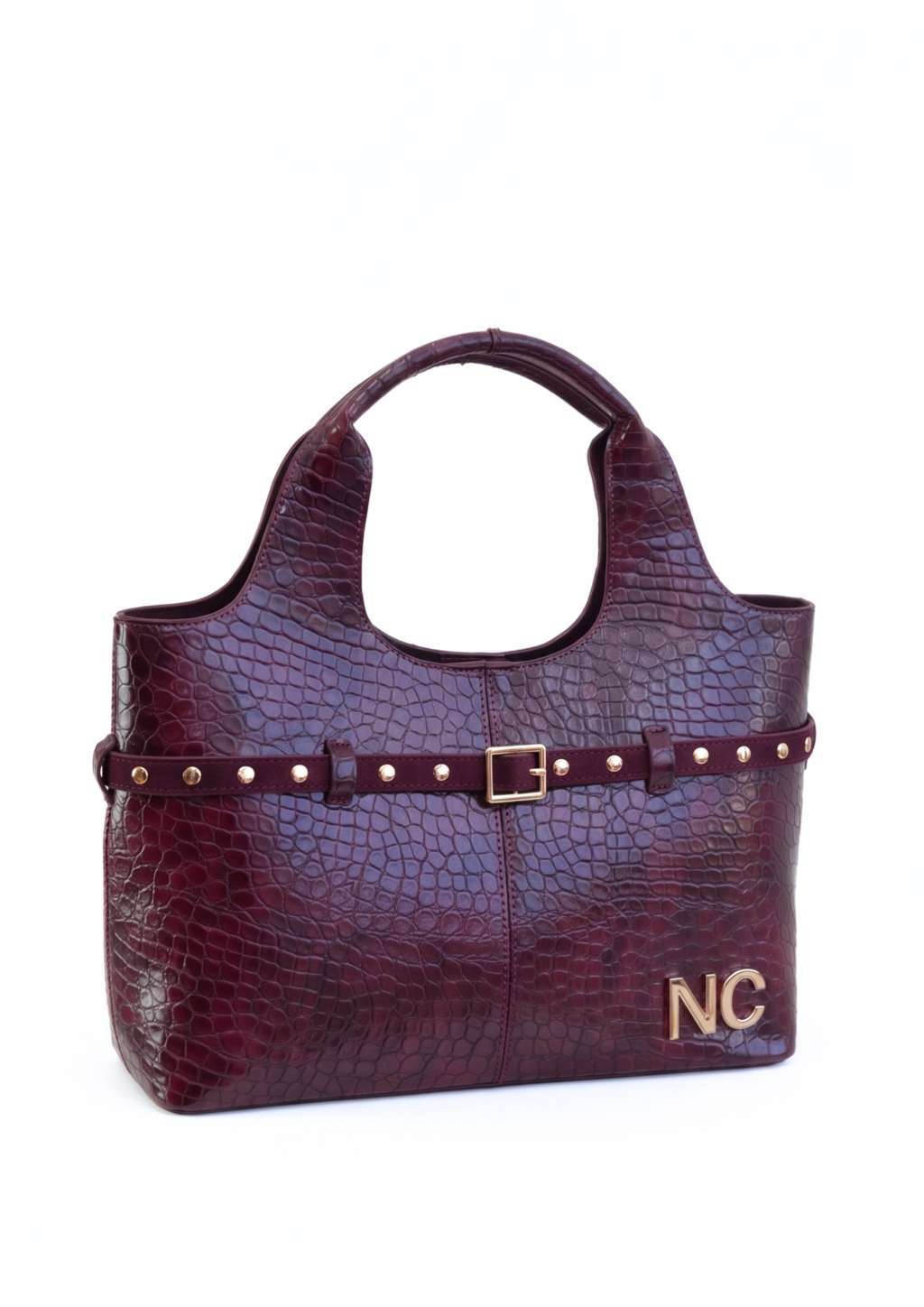 Vista frontal shopper cocodrilo mate noco Shopper con detalle cinturón terciopelo granate