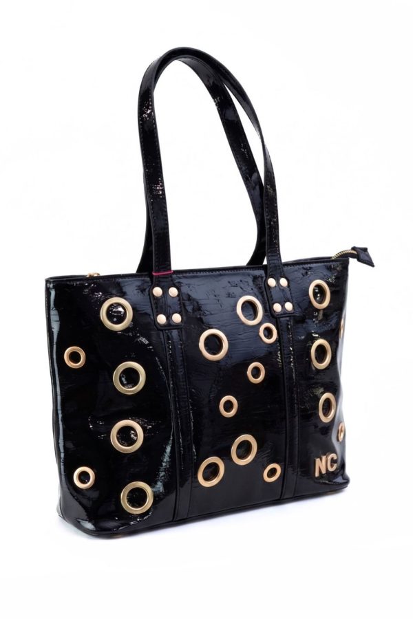 Bolso shopper de mujer en charol negro con cremallera superior