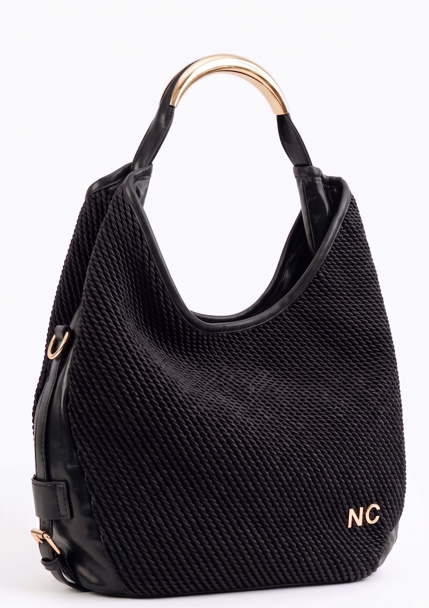 Asa rígida dorada bolso mujer Bolso amplio de piel sintética suave negro