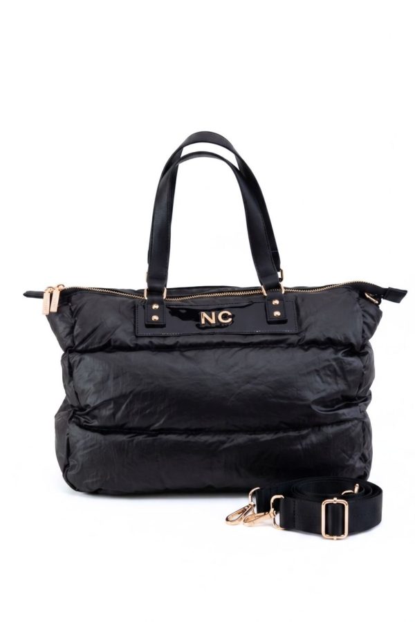 Shopper acolchado con detalles charol negro