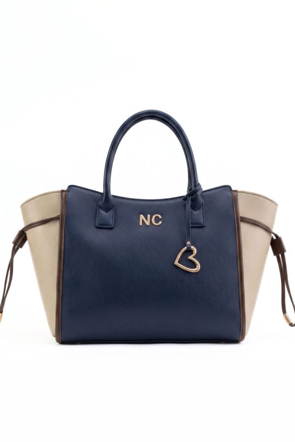 Vista frontal shopper tricolor chocolate beige y azul