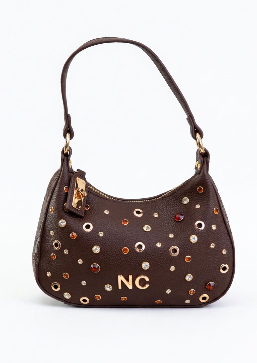 Bolso chocolate con textura granulada y brillo pedreria Bolso chocolate con textura granulada y brillo
