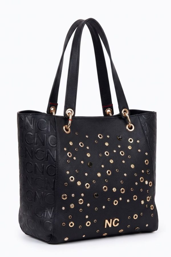 Bolso tote de mujer con pedrería y strass frontal negro