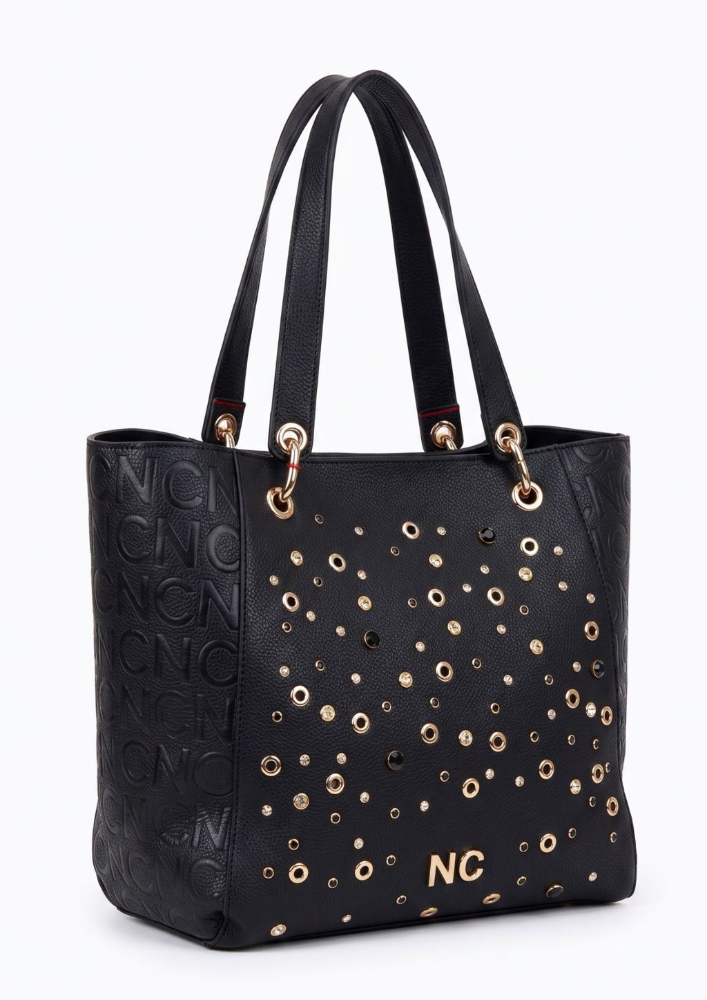 Tote amplio en piel sintética granulada color negro Bolso tote de mujer con pedrería y strass frontal negro