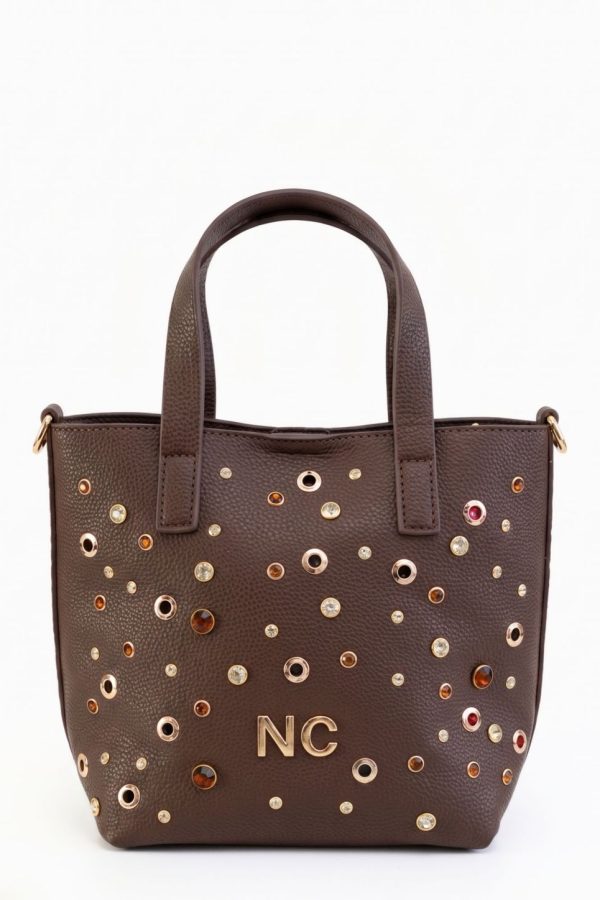 Mini tote chocolate con correa bandolera