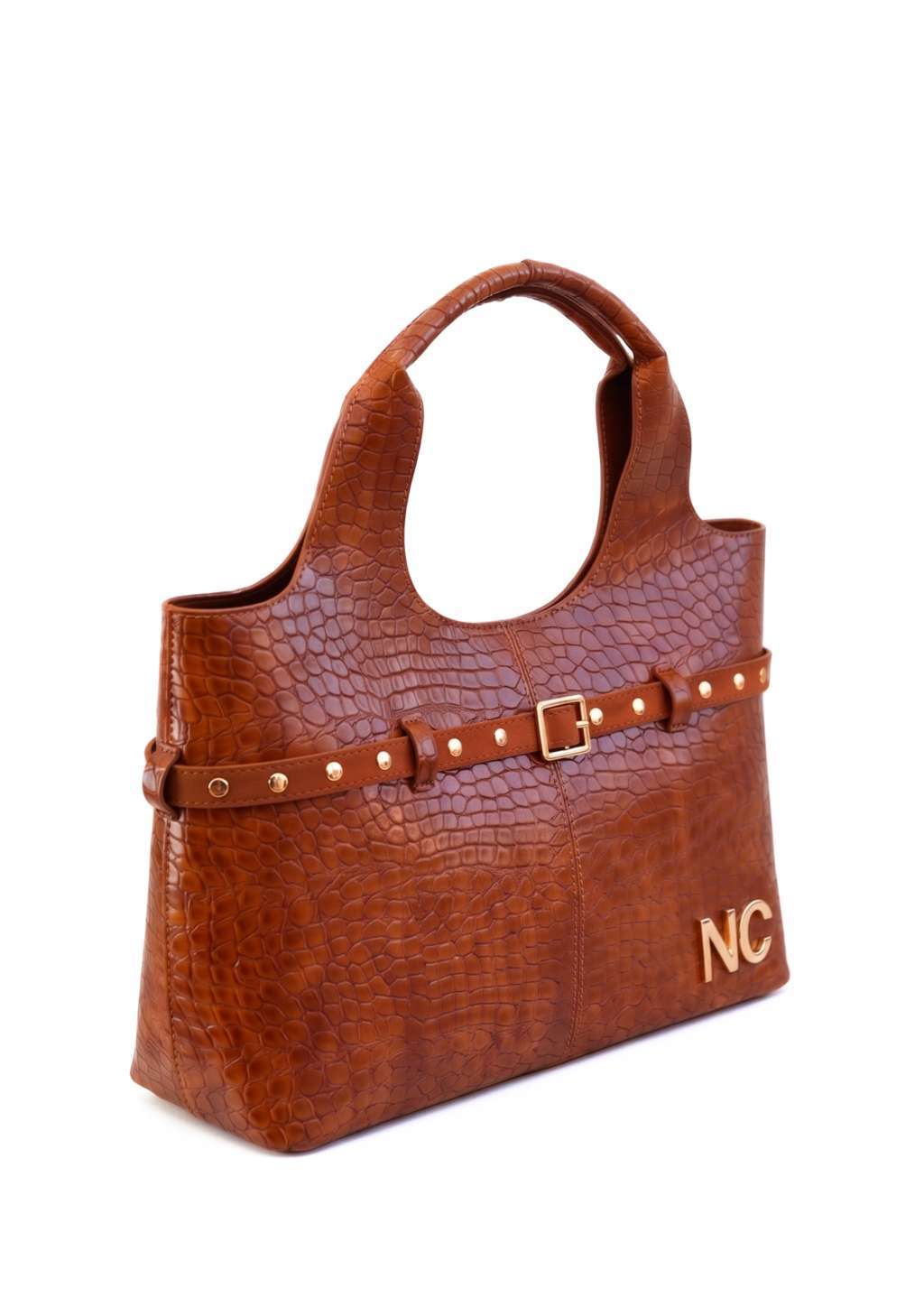 Bolso sofisticado con tachuelas metálicas Shopper con detalle cinturón terciopelo camel