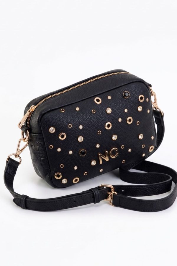 Bolso bandolera negro con cristales y strass