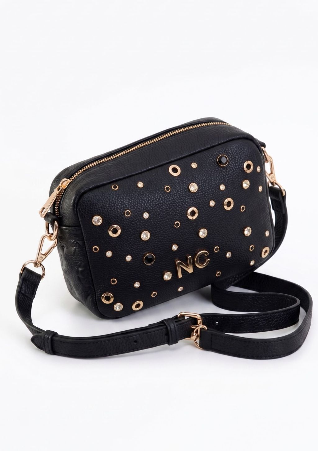 Bolso bandolera negro con cristales y strass Bolso bandolera negro con cristales y strass
