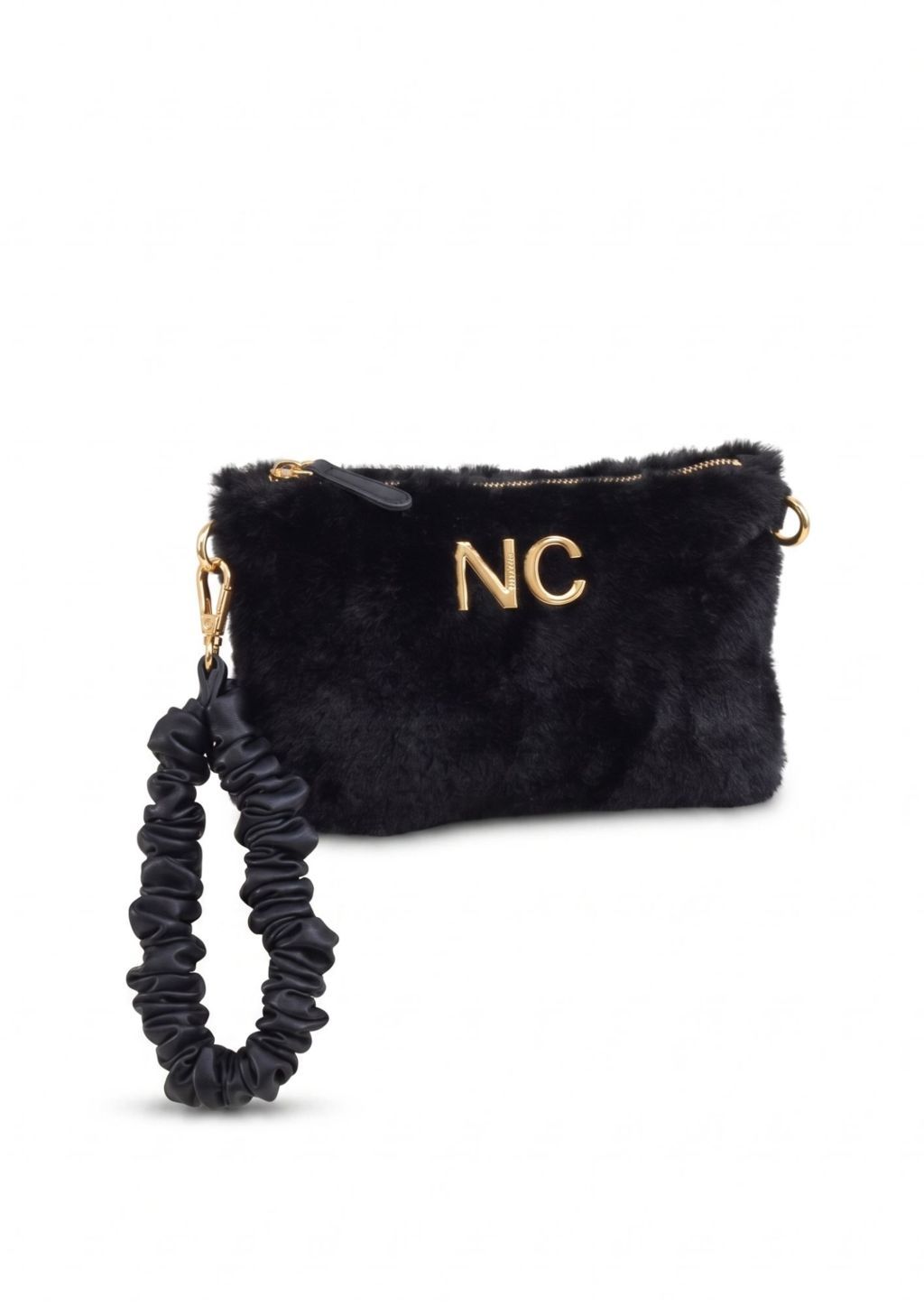 Bandolera plana de pelo negro NOCO Bolso plano de pelo con correa larga negro