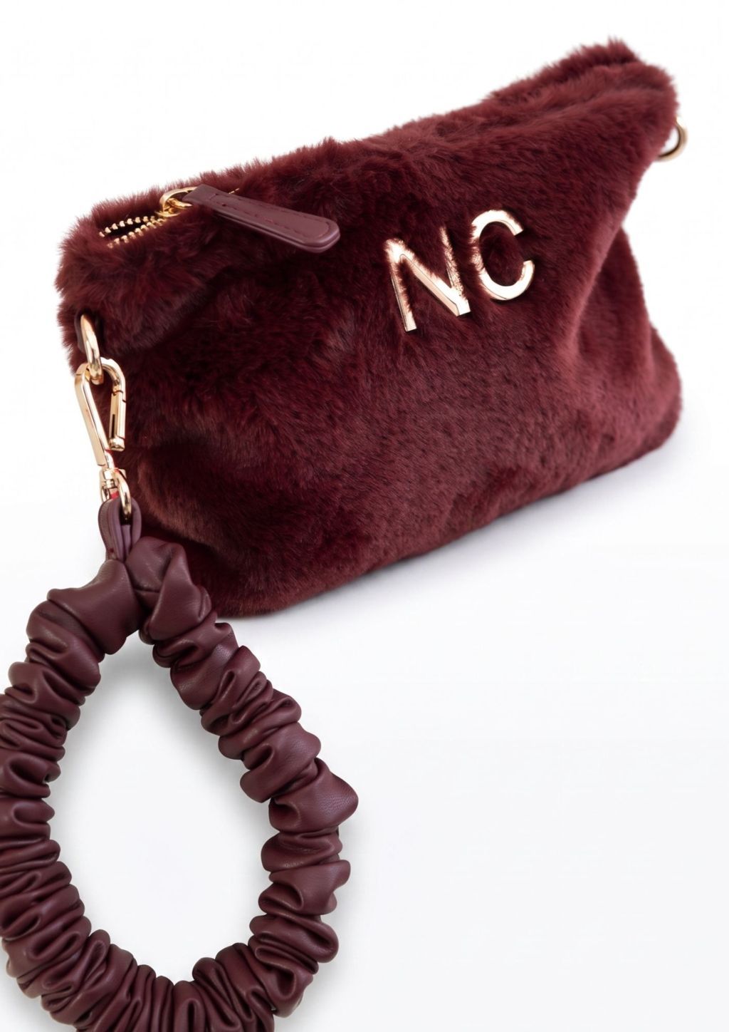 Bandolera plana de pelo granate Cartera de mano con cinta muñequera plisada granate