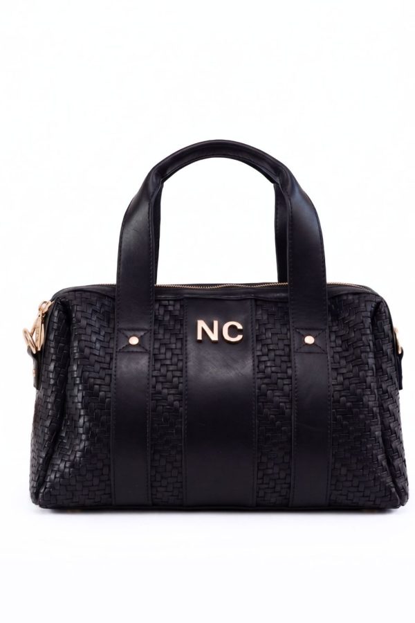 Vista frontal bolso bowling trenzado negro