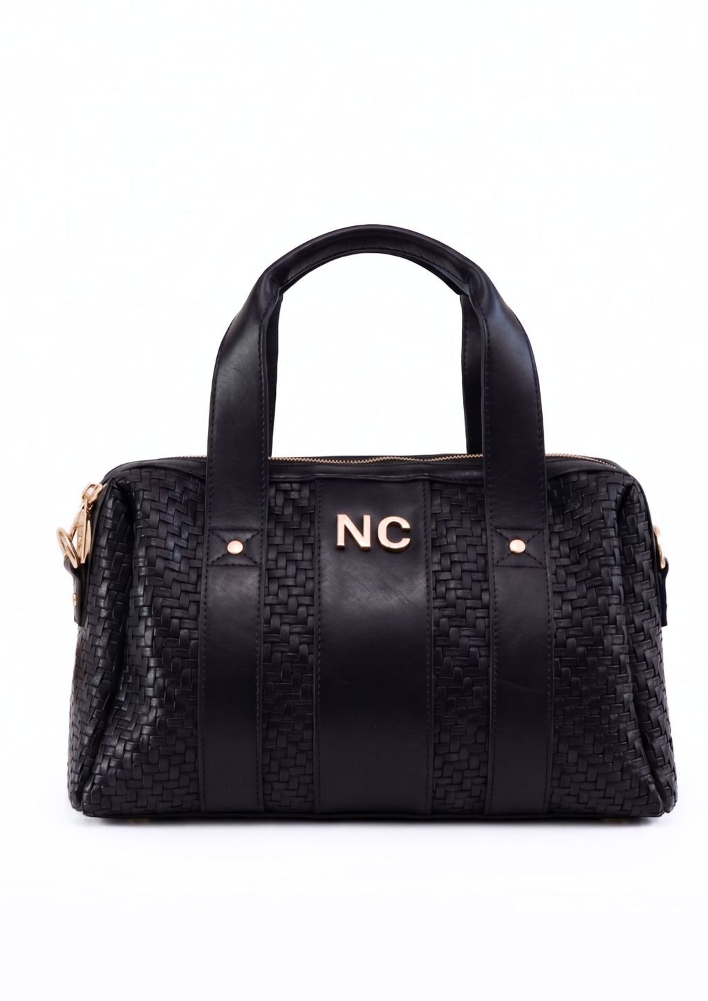 Bolso elegante con gran apertura Vista frontal bolso bowling trenzado negro