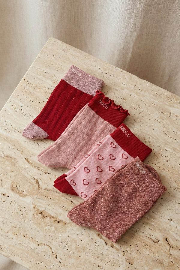 Calcetines rosa canalé con volante rojo femenino Noco