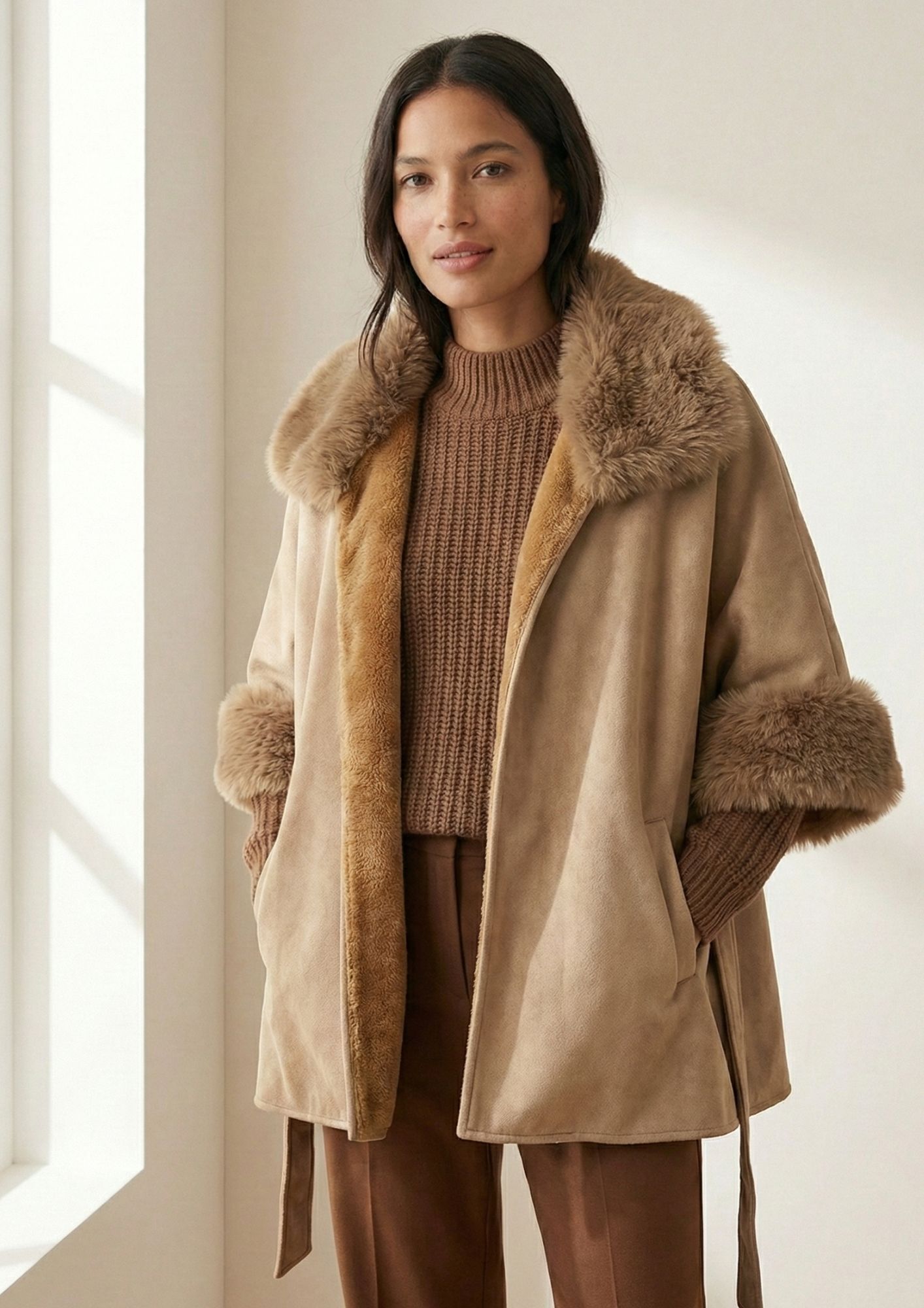 Capa antelina con pelo interior Capa abrigo mujer invierno NOCO