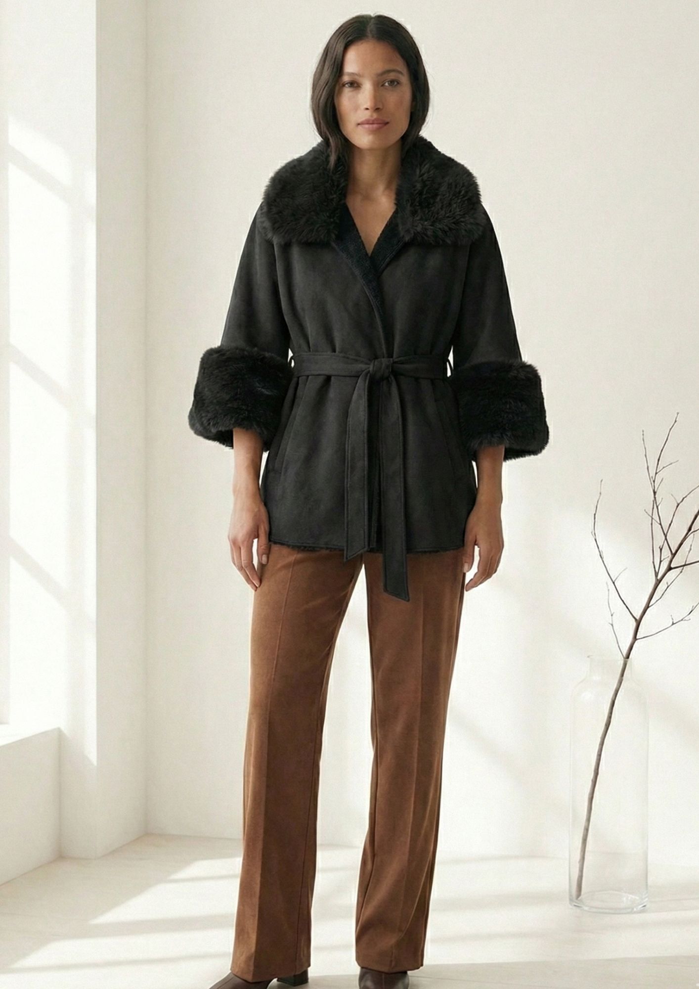 Capa antelina con pelo interior Capa abrigo mujer invierno NOCO negro