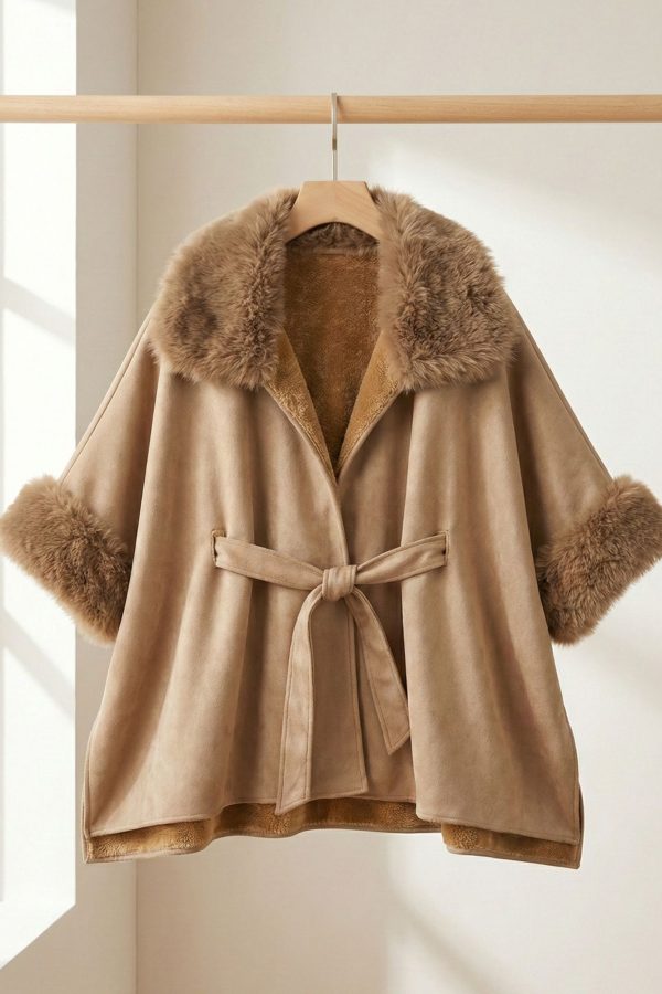 Capa elegante con cinturón mujer camel