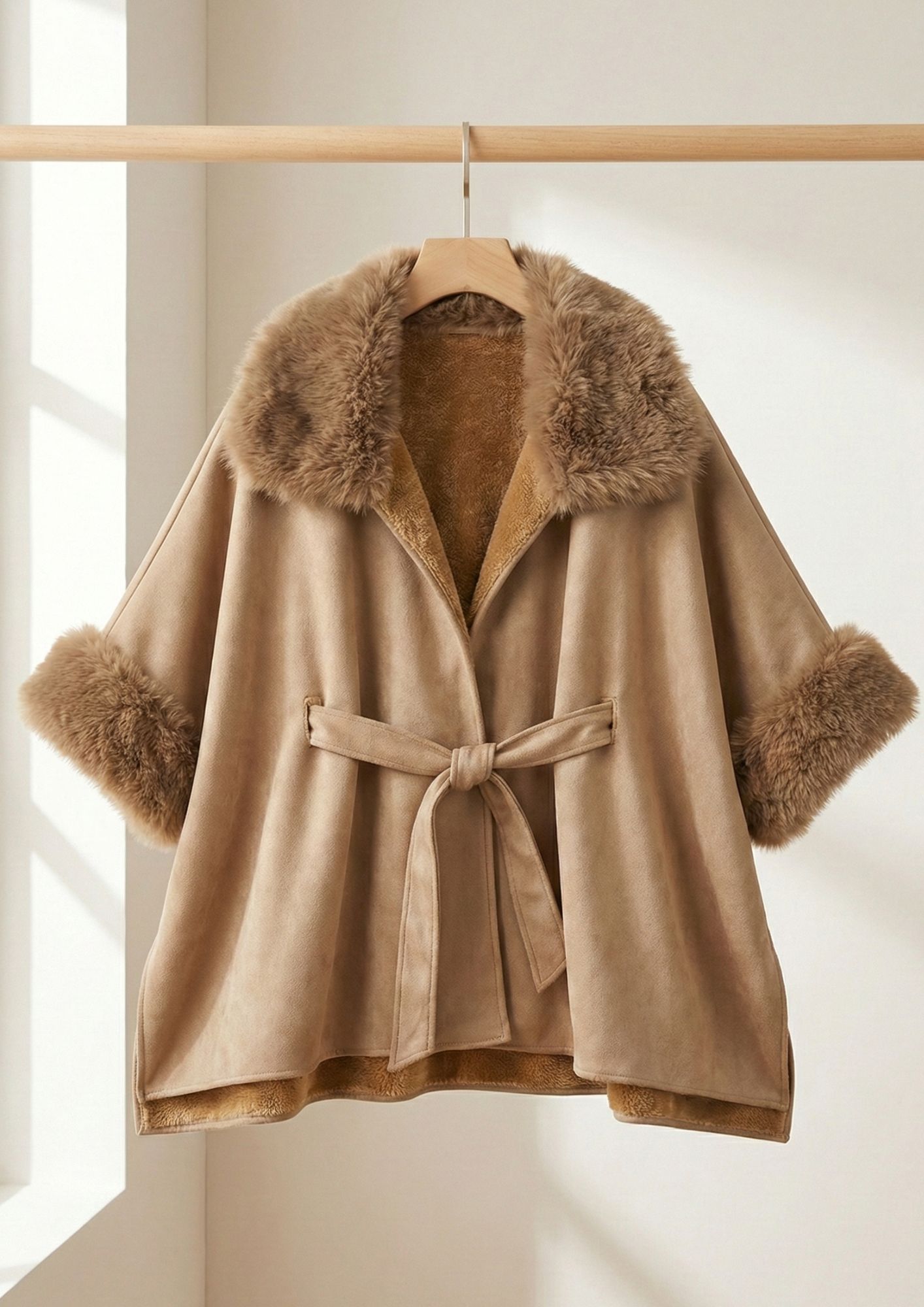 Capa con estola de pelo cuello Capa elegante con cinturón mujer camel
