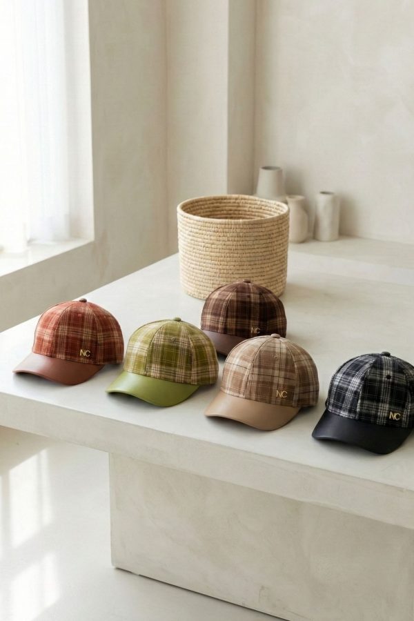 Gorra ajustable con tejido de cuadros para mujer