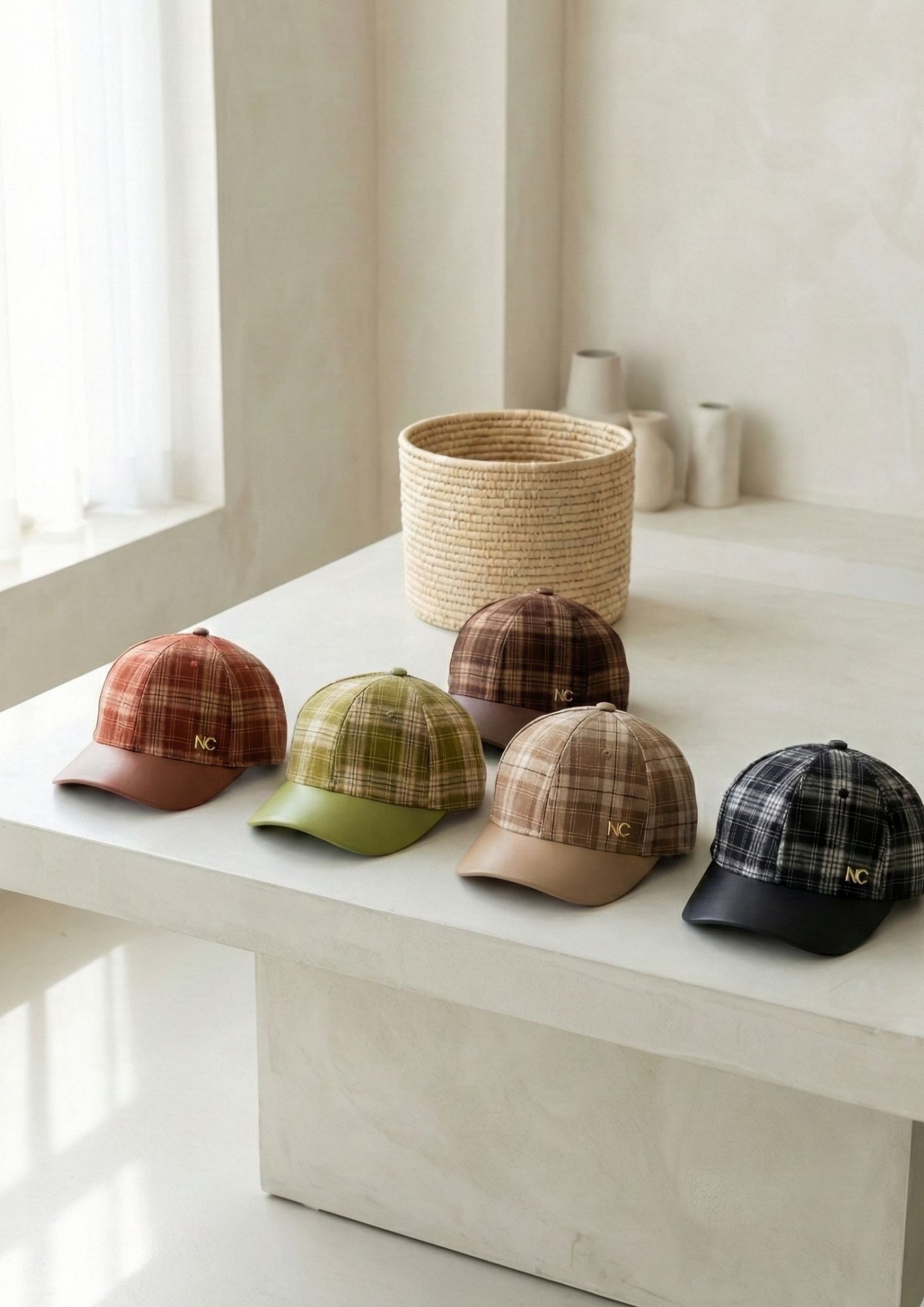 Detalle del logo NC en metal sobre gorra de cuadros Gorra ajustable con tejido de cuadros para mujer
