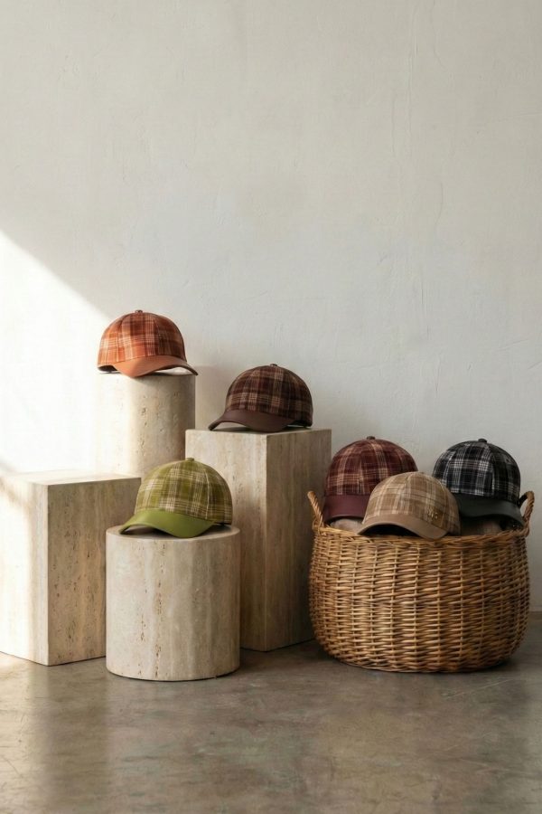 Gorra de cuadros en tonos neutros con visera a juego