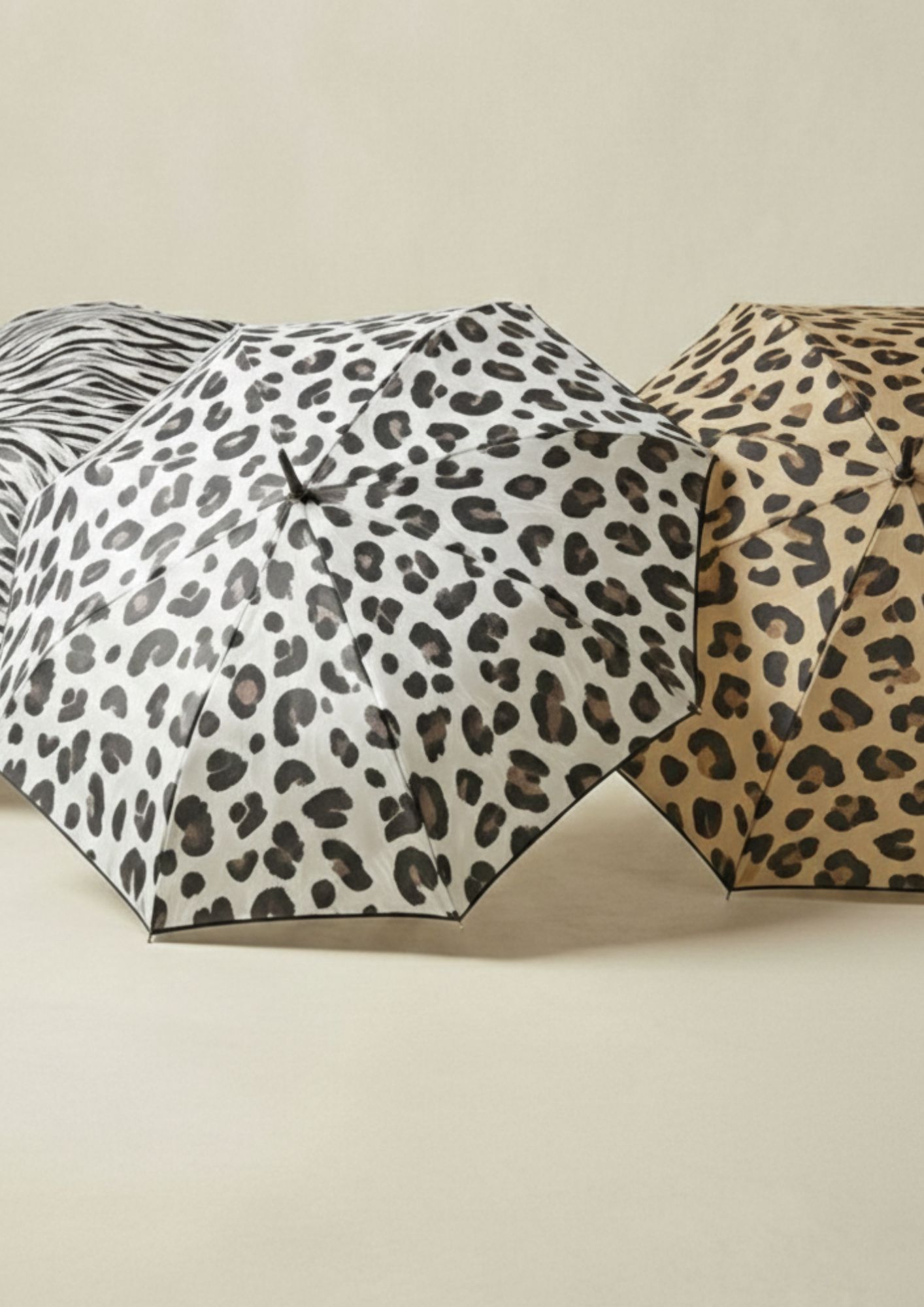 Vista abierta del paraguas animal print NC Detalle del estampado animal print en paraguas bastón