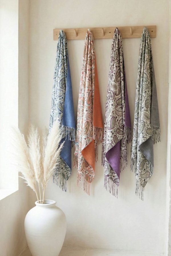 Chal de invierno elegante con estampado paisley y textura suave.