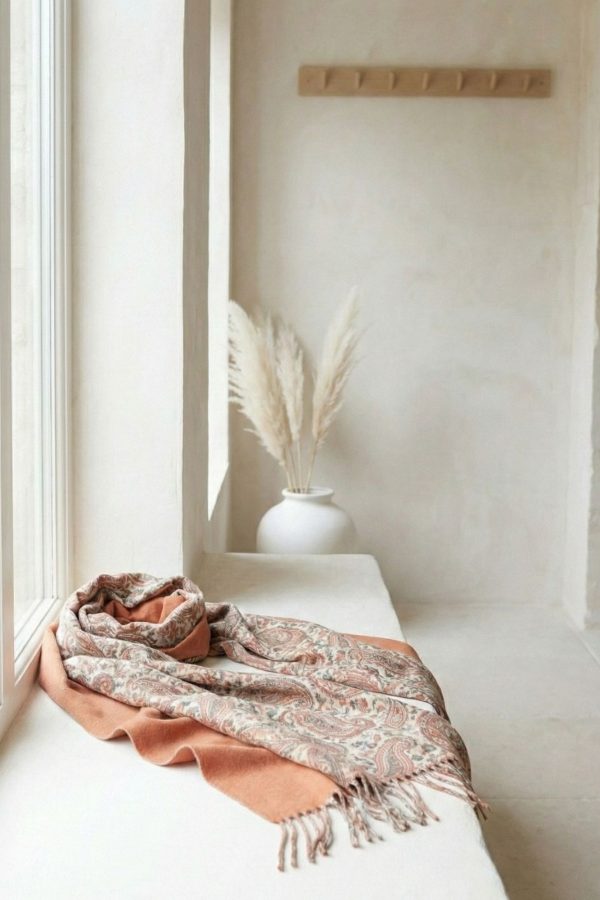 Pashmina elegante con estampado paisley en tonos azul y reverso liso.